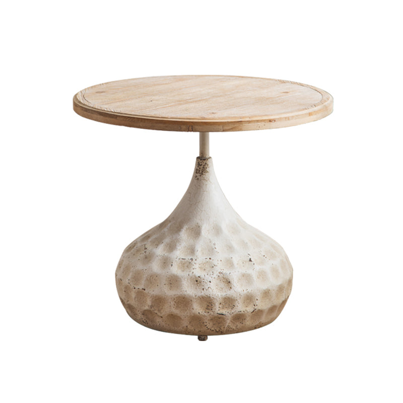 French Country Wood Round Top Side Table Distressed Iron Base End Table