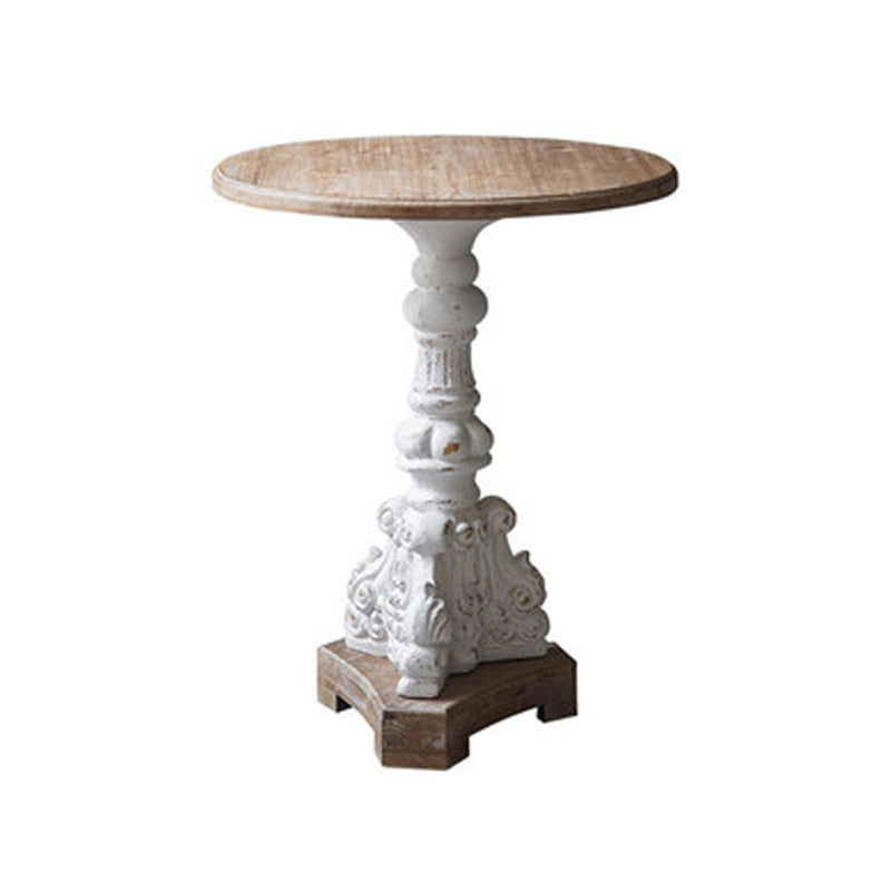 French Country Wood Round Top Side Table Distressed Iron Base End Table