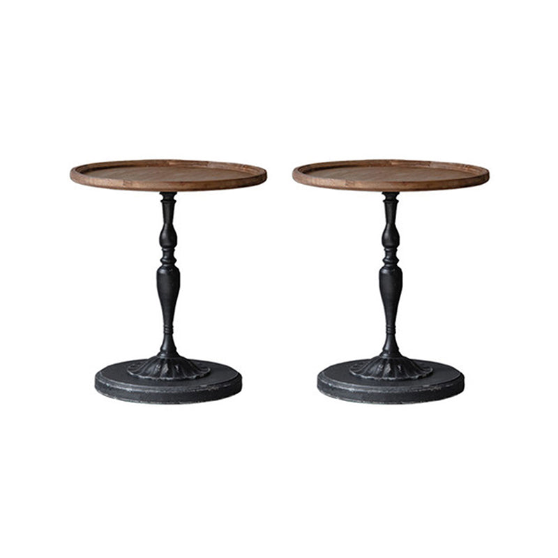 French Country Wood Round Top Side Table Distressed Iron Base End Table