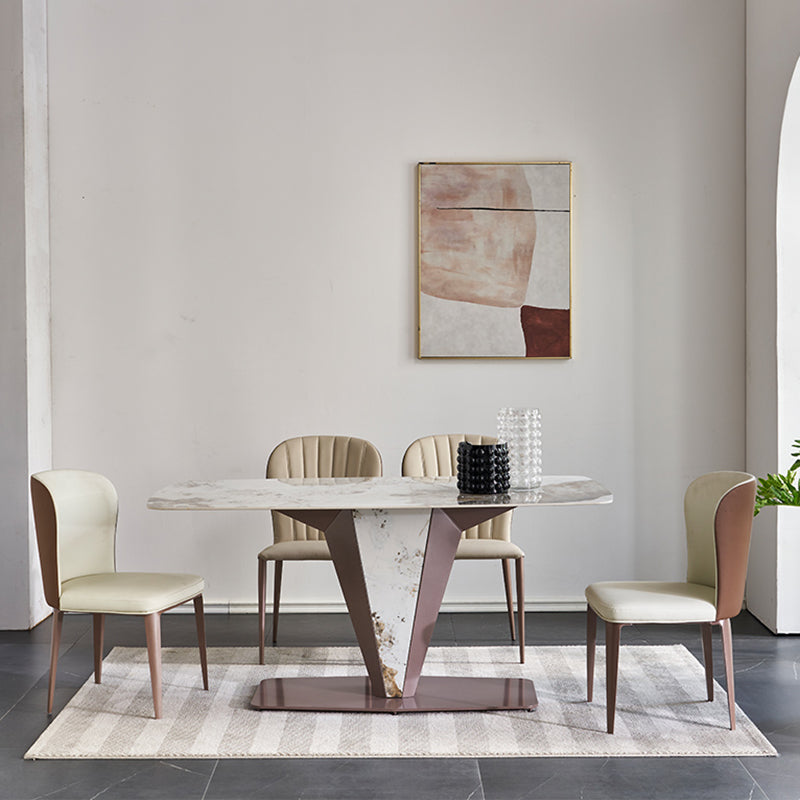 Glossy White Dining Table Set 1/4/5 Pieces Metal Base Table with Leather Chairs