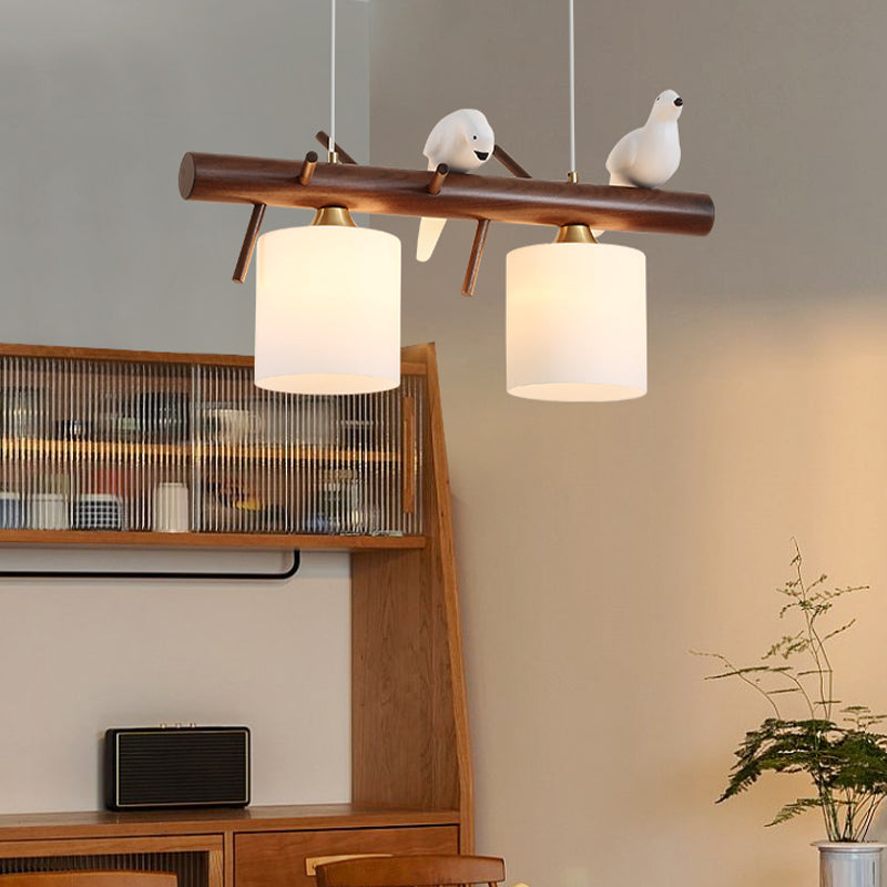 Wood Modern Pendant Light Cylinder Shape Island Light with Glass Shade for Living Room