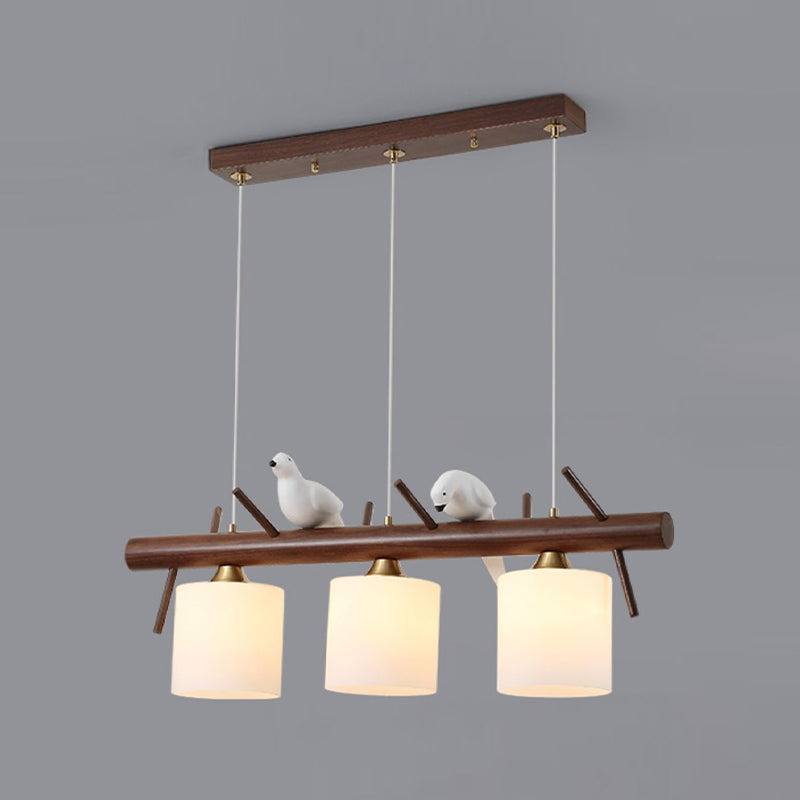 Wood Modern Pendant Light Cylinder Shape Island Light with Glass Shade for Living Room