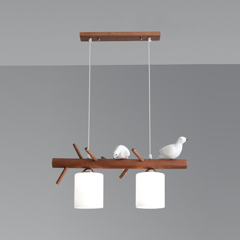 Wood Modern Pendant Light Cylinder Shape Island Light with Glass Shade for Living Room