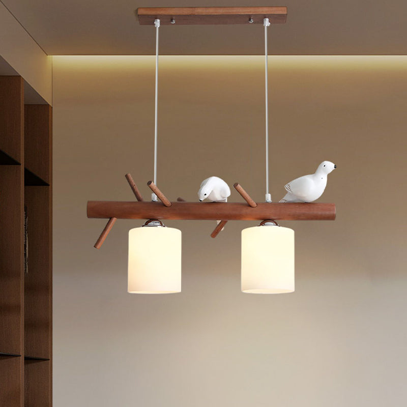 Wood Modern Pendant Light Cylinder Shape Island Light with Glass Shade for Living Room
