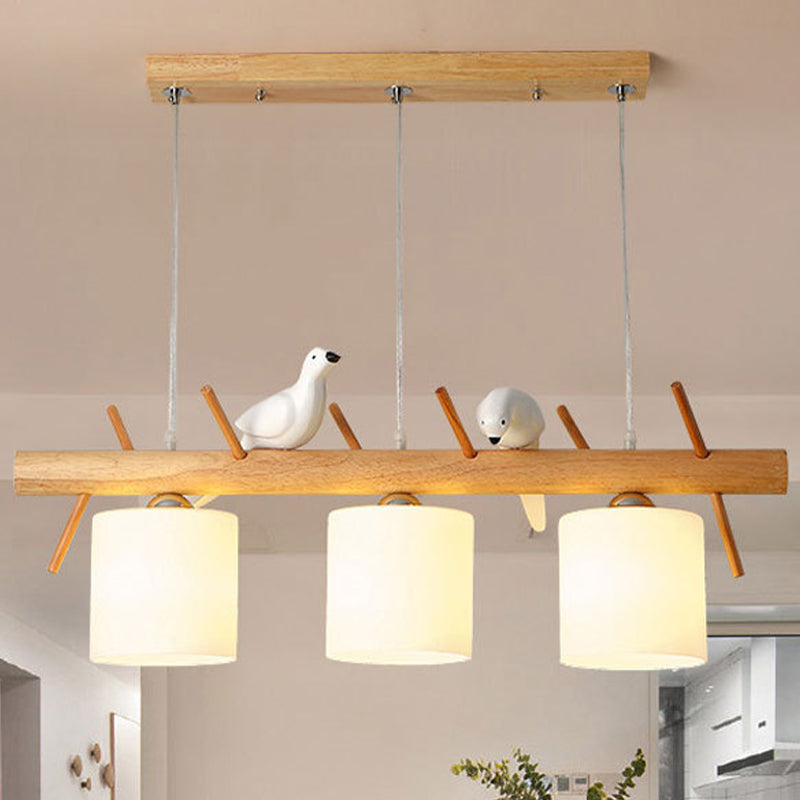 Modern Wood Pendant Light Cylinder Shape Island Light with Glass Shade for Living Room