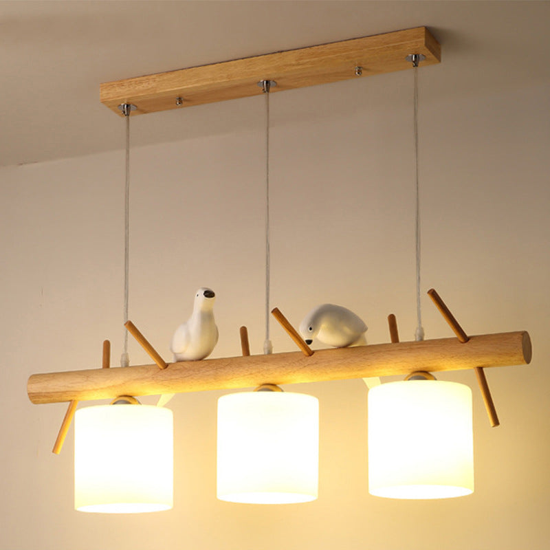 Modern Wood Pendant Light Cylinder Shape Island Light with Glass Shade for Living Room