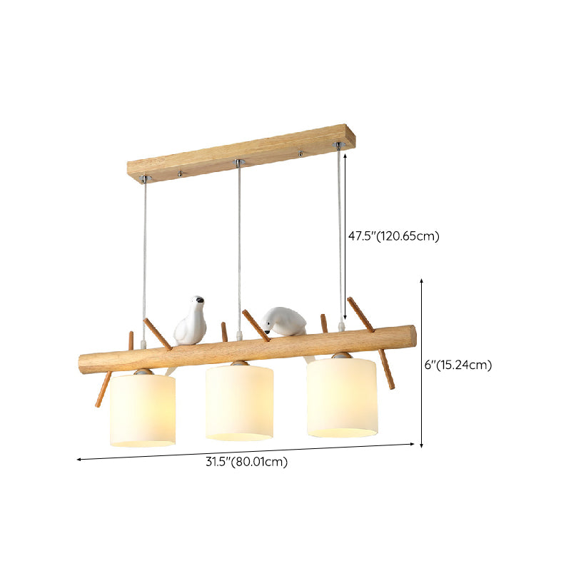 Modern Wood Pendant Light Cylinder Shape Island Light with Glass Shade for Living Room