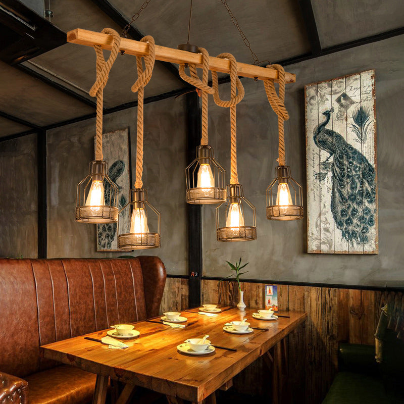 3 / 5 - Light Kitchen Island Fixture Wood and Iron Ceiling Lighting with Hemp Rope