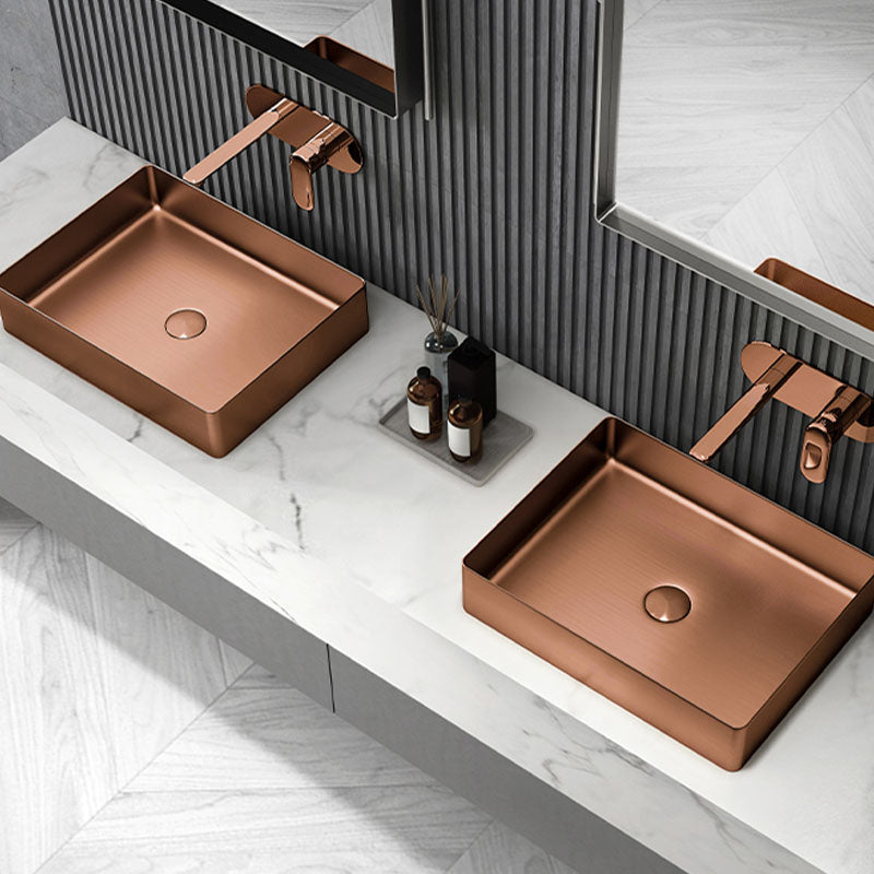 Contemporary Bathroom Sink Metal Rectangular Vessel Sink with Pop-Up Drain