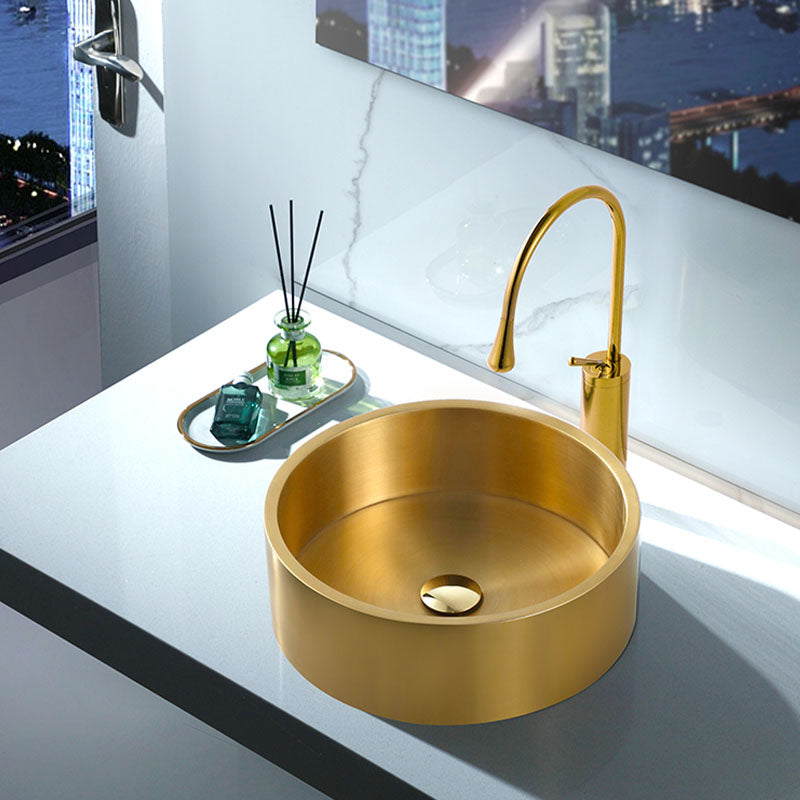 Contemporary Bathroom Sink Metal Round Vessel Bathroom Sink with Pop-Up Drain