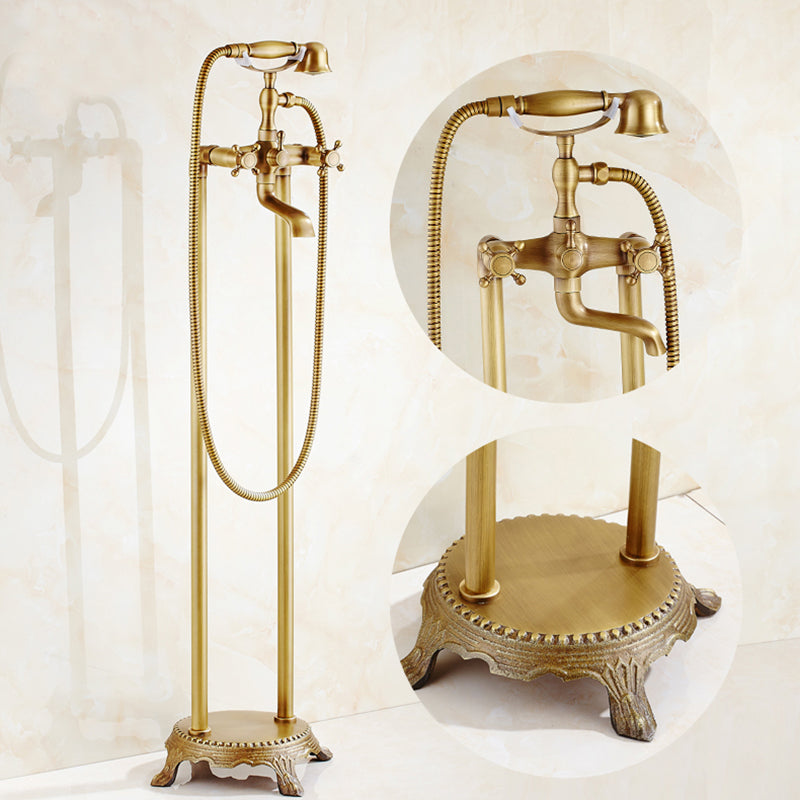 Traditional Floor Mounted Metal Freestanding Tub Filler Double Handles Bathtub Faucet