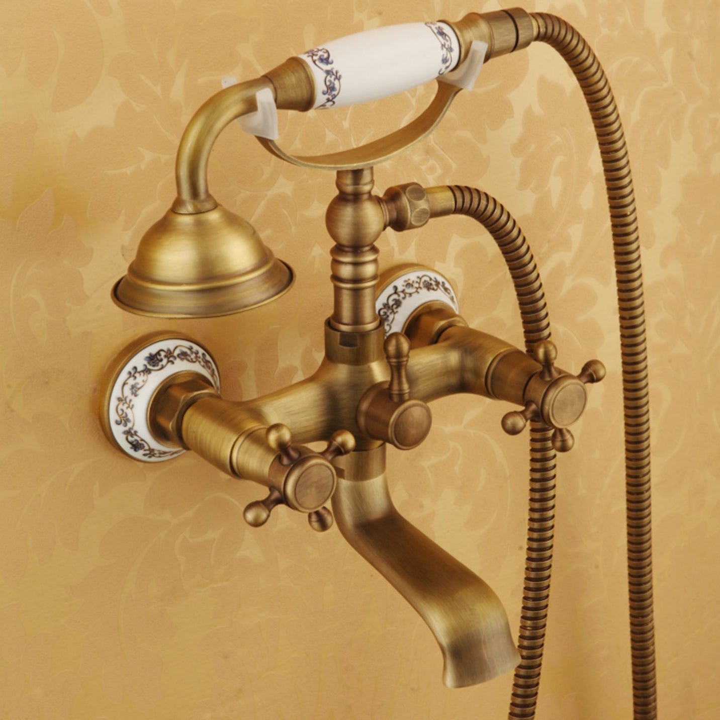 Traditional Floor Mounted Metal Freestanding Tub Filler Double Handles Bathtub Faucet