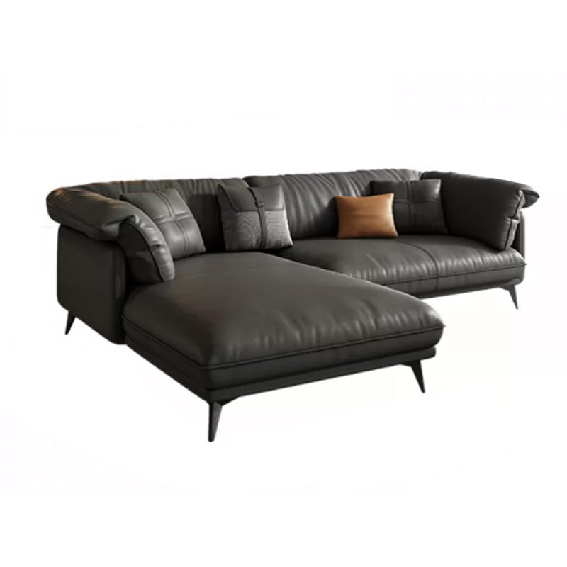 Genuine Leather Sectional Sofa Black Sofa with Removable Cushions