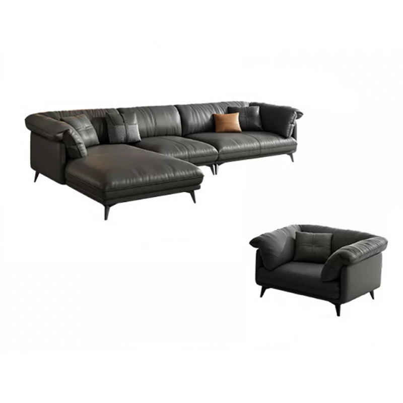 Genuine Leather Sectional Sofa Black Sofa with Removable Cushions