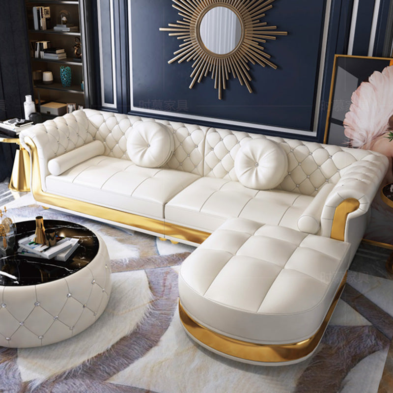 Mid Century Modern White Sofa Genuine Leather Living Room Seating