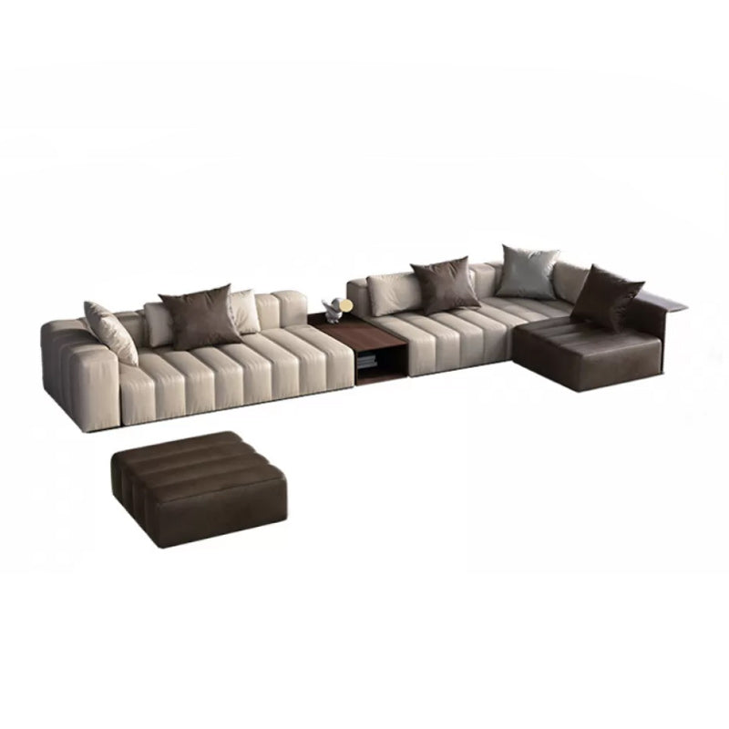 Genuine Leather Sofa with Pillows 24" H Square Arm Sofa in Beige and Brown