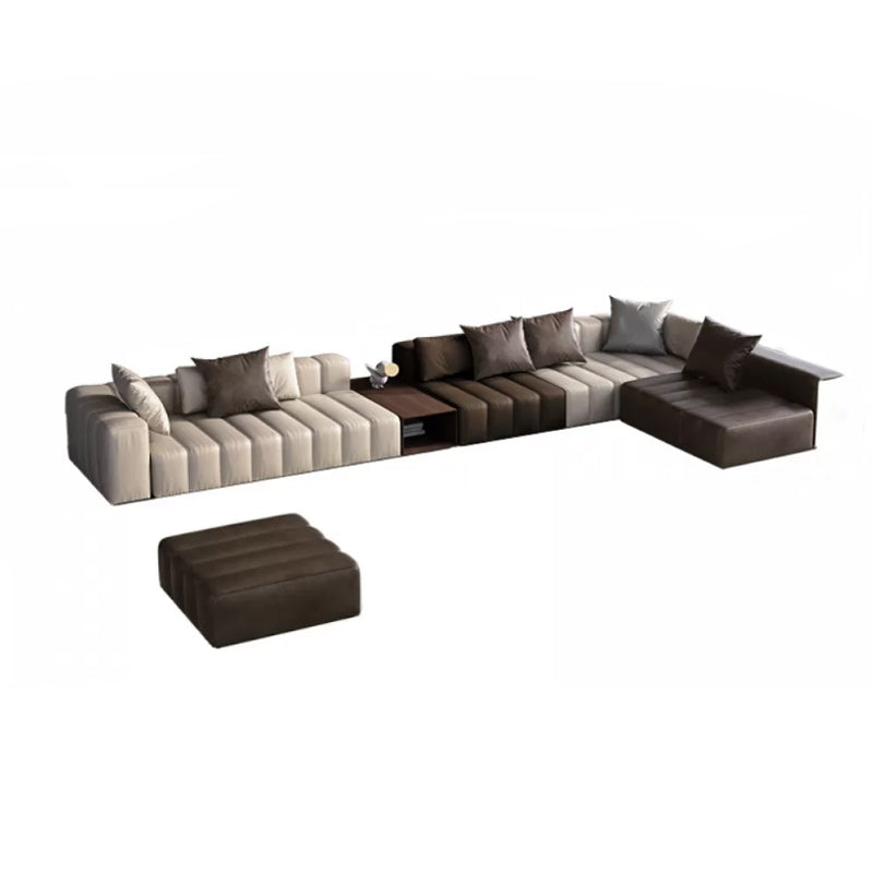 Genuine Leather Sofa with Pillows 24" H Square Arm Sofa in Beige and Brown