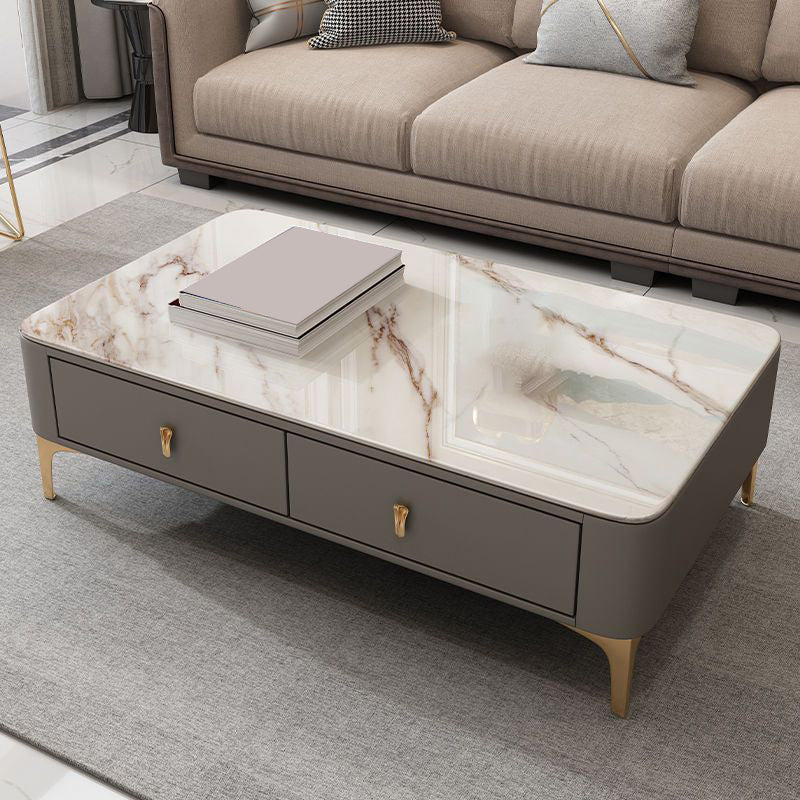 Glam Rectangle Stone Coffee Table Single 4 Legs Coffee Table with Storage Drawers