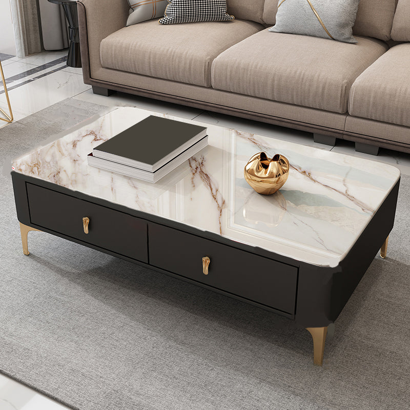 Glam Rectangle Stone Coffee Table Single 4 Legs Coffee Table with Storage Drawers