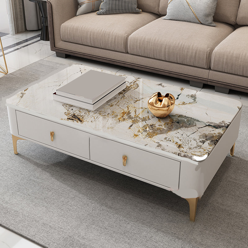 Glam Rectangle Stone Coffee Table Single 4 Legs Coffee Table with Storage Drawers
