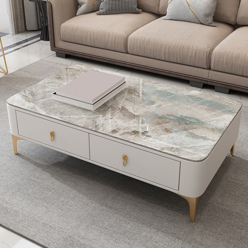 Glam Rectangle Stone Coffee Table Single 4 Legs Coffee Table with Storage Drawers