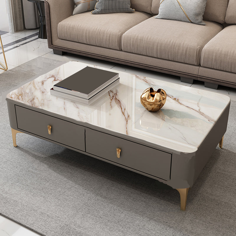 Glam Rectangle Stone Coffee Table Single 4 Legs Coffee Table with Storage Drawers