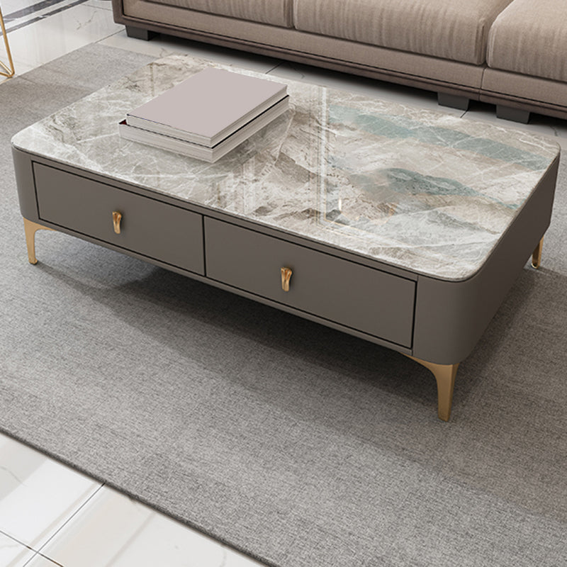 Glam Rectangle Stone Coffee Table Single 4 Legs Coffee Table with Storage Drawers