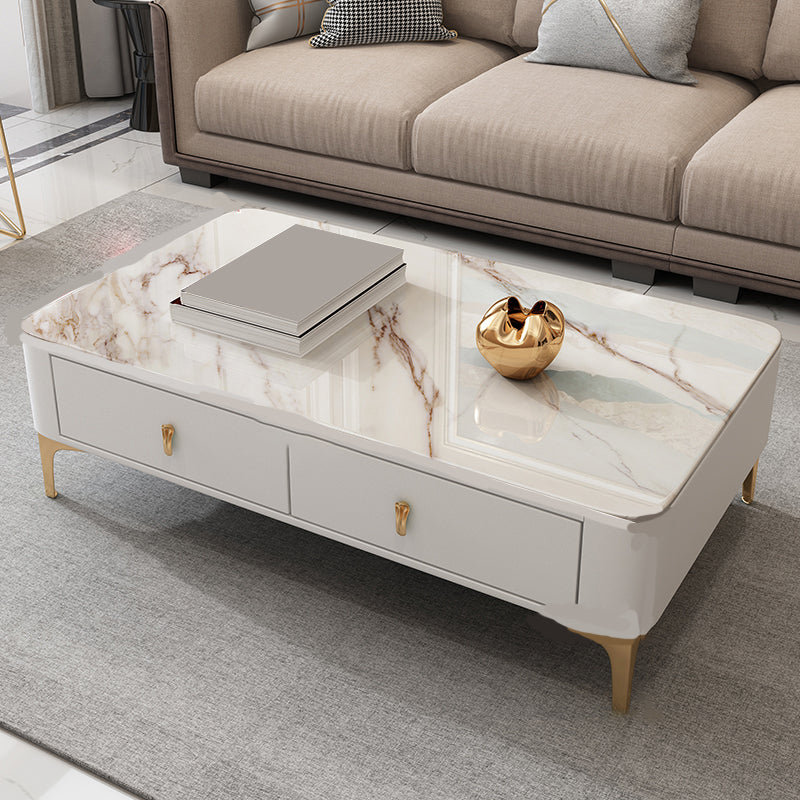 Glam Rectangle Stone Coffee Table Single 4 Legs Coffee Table with Storage Drawers