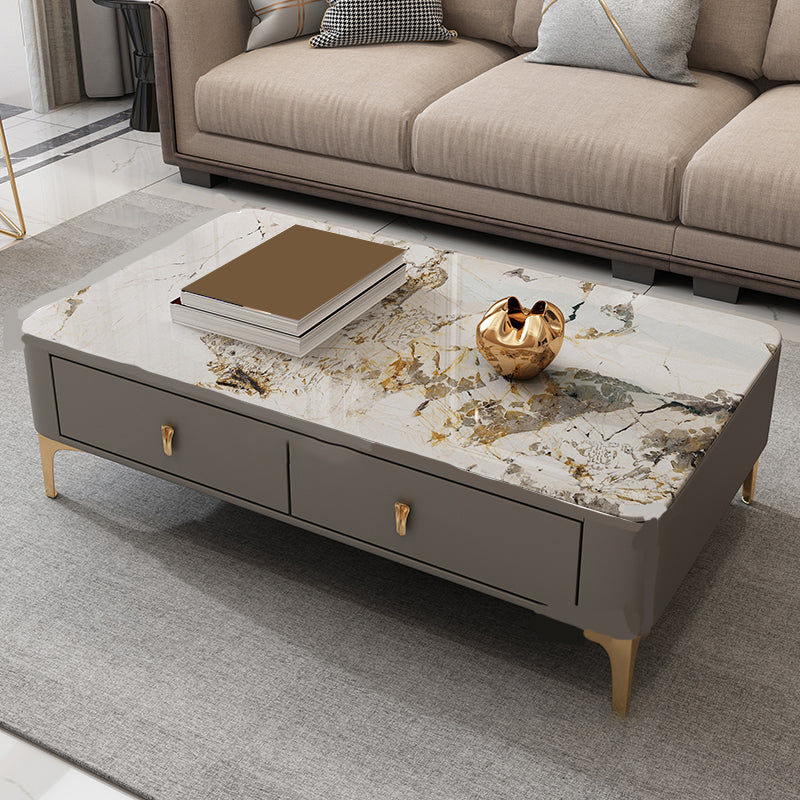 Glam Rectangle Stone Coffee Table Single 4 Legs Coffee Table with Storage Drawers