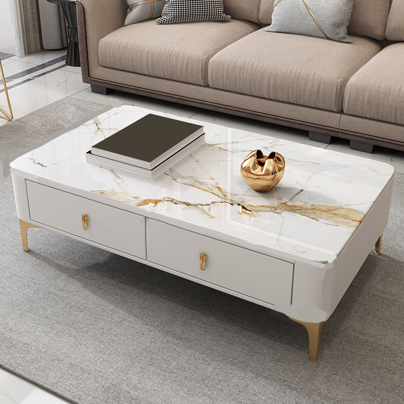 Glam Rectangle Stone Coffee Table Single 4 Legs Coffee Table with Storage Drawers