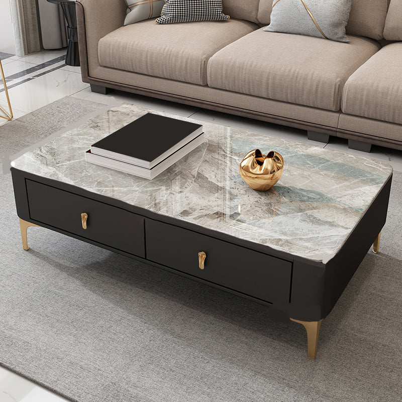 Glam Rectangle Stone Coffee Table Single 4 Legs Coffee Table with Storage Drawers