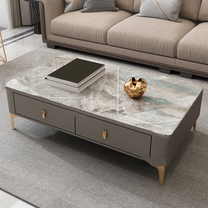 Glam Rectangle Stone Coffee Table Single 4 Legs Coffee Table with Storage Drawers