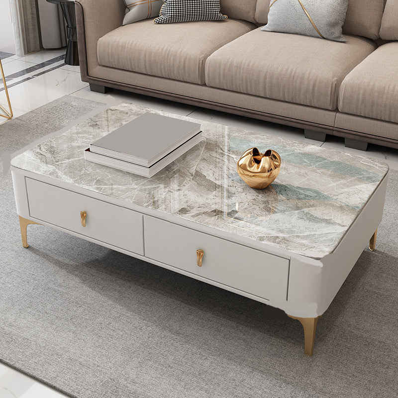 Glam Rectangle Stone Coffee Table Single 4 Legs Coffee Table with Storage Drawers