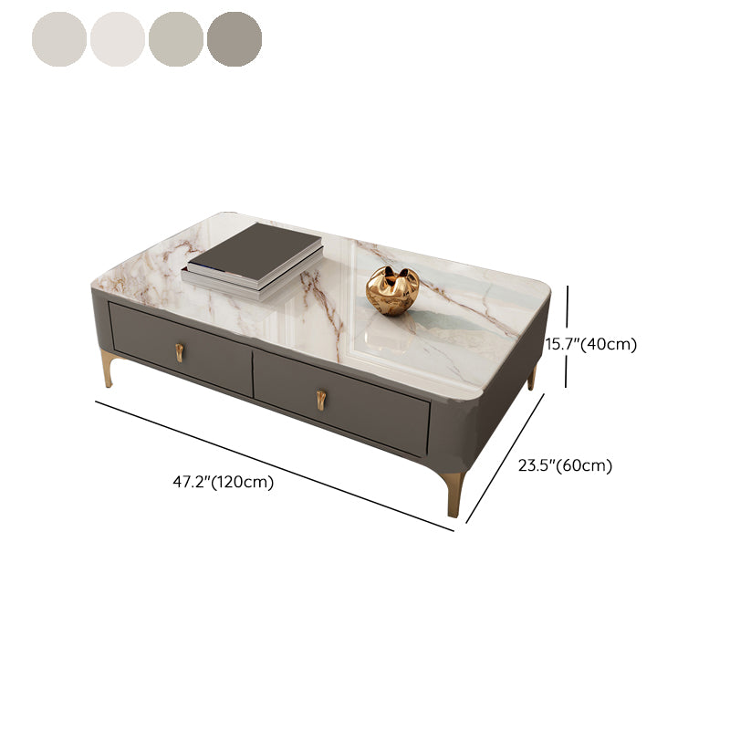 Glam Rectangle Stone Coffee Table Single 4 Legs Coffee Table with Storage Drawers