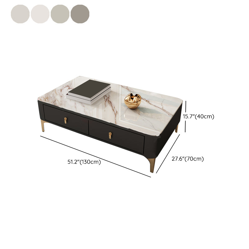 Glam Rectangle Stone Coffee Table Single 4 Legs Coffee Table with Storage Drawers
