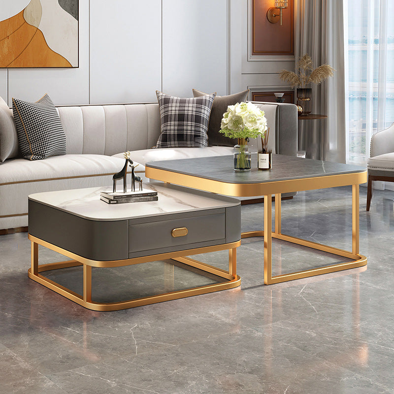 Modern Metal Frame Cocktail Table Square Glass / Slate Coffee Table with Drawer