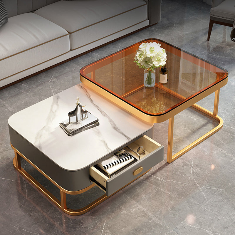Modern Metal Frame Cocktail Table Square Glass / Slate Coffee Table with Drawer