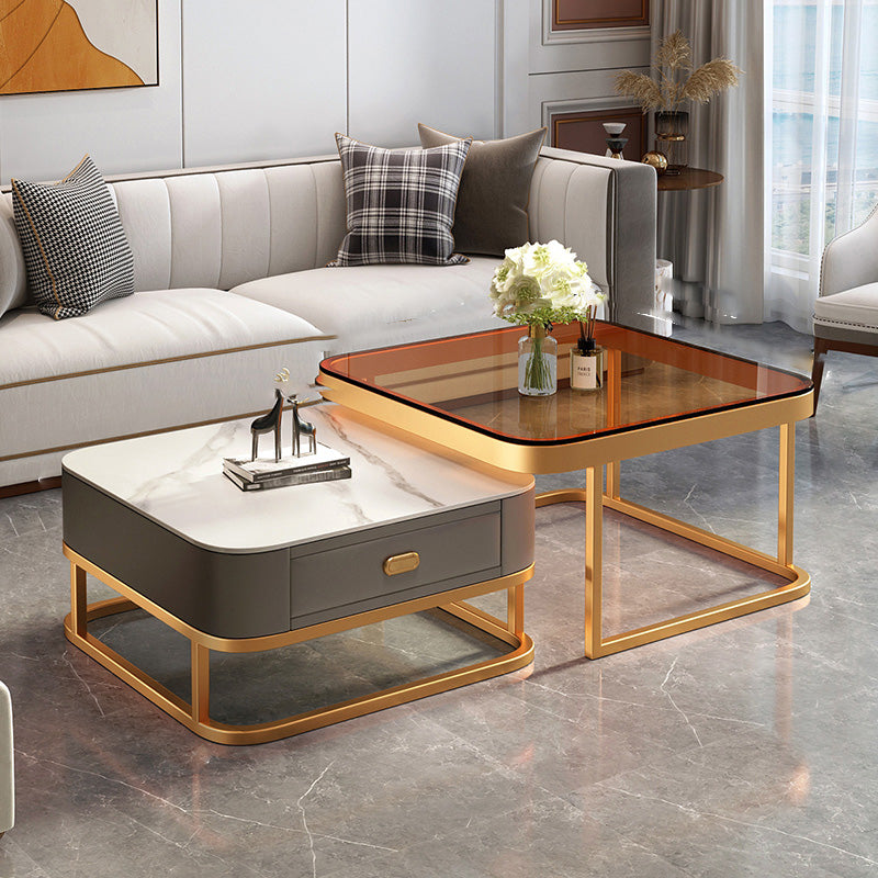 Modern Metal Frame Cocktail Table Square Glass / Slate Coffee Table with Drawer