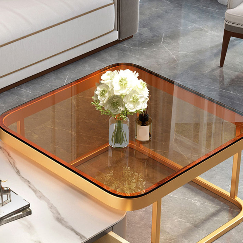 Modern Metal Frame Cocktail Table Square Glass / Slate Coffee Table with Drawer