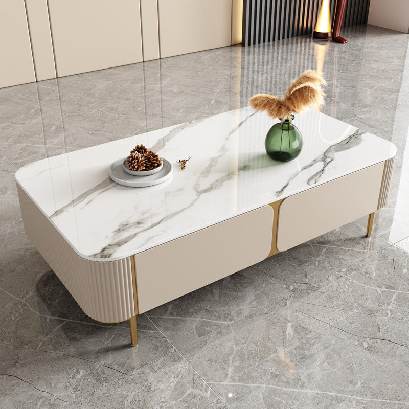 Contemporary Stone Single Coffee Table 4 Legs Coffee Cocktail Table with Storage Drawers