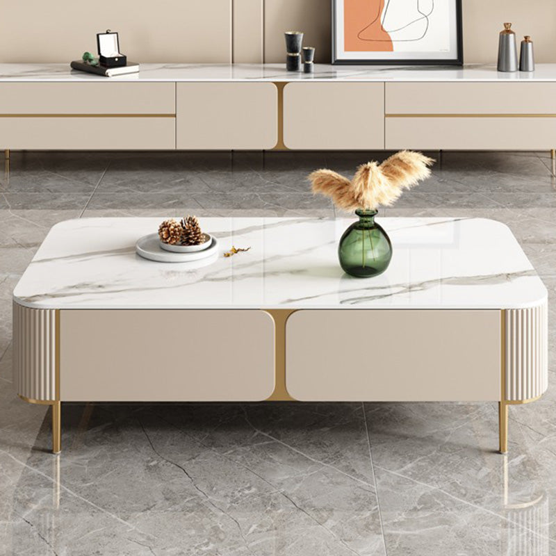 Contemporary Stone Single Coffee Table 4 Legs Coffee Cocktail Table with Storage Drawers