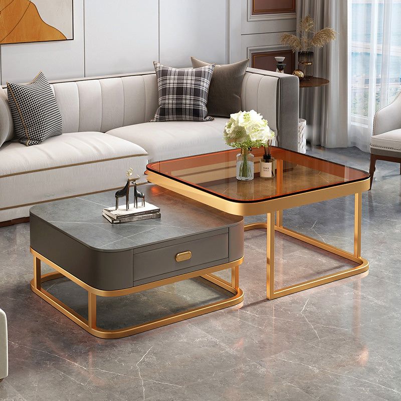 Glam Square Glass / Slate Coffee Table Metal Frame Cocktail Table with Drawer