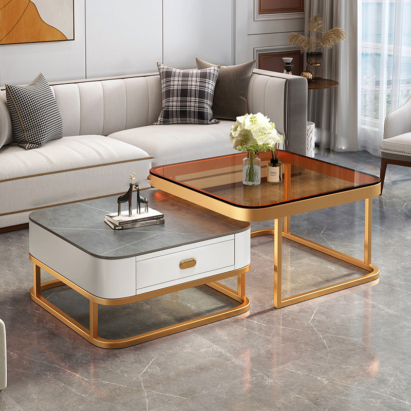 Glam Square Glass / Slate Coffee Table Metal Frame Cocktail Table with Drawer