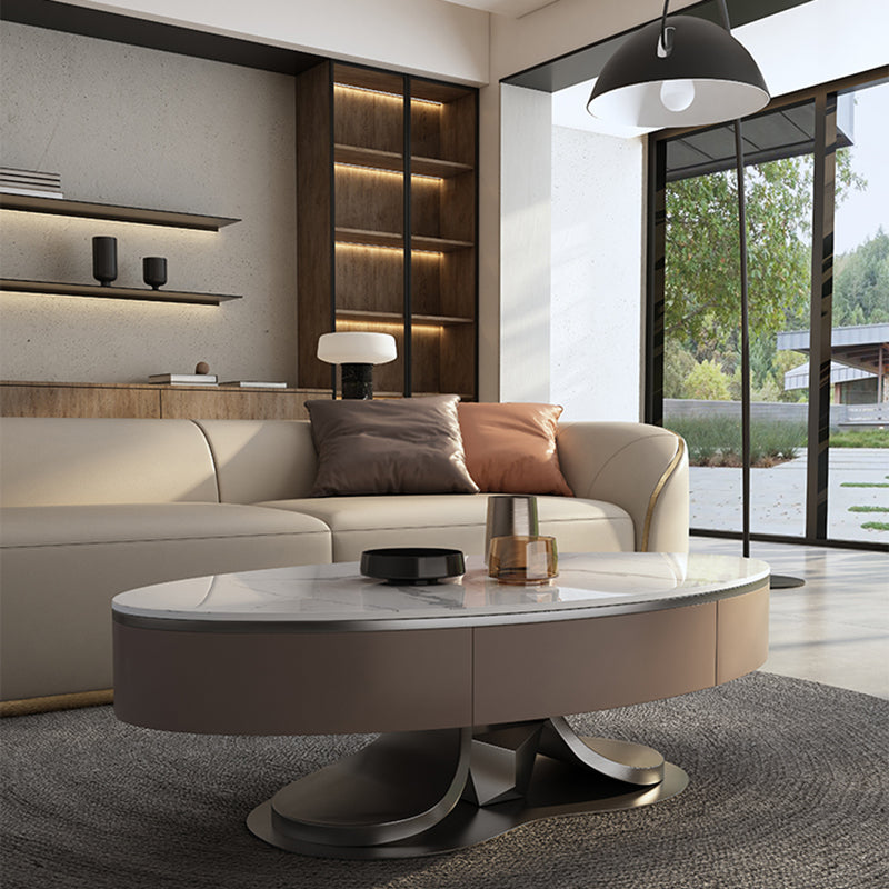 Glam Stone Single Coffee Table Pedestal Coffee Cocktail Table with Storage Drawers