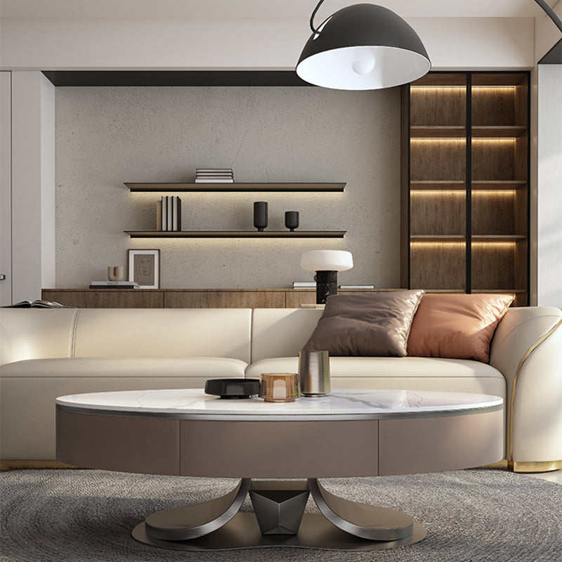 Glam Stone Single Coffee Table Pedestal Coffee Cocktail Table with Storage Drawers