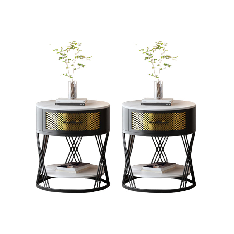 Round Side Table with 1 Drawer Metal Frame Side End Snack Table