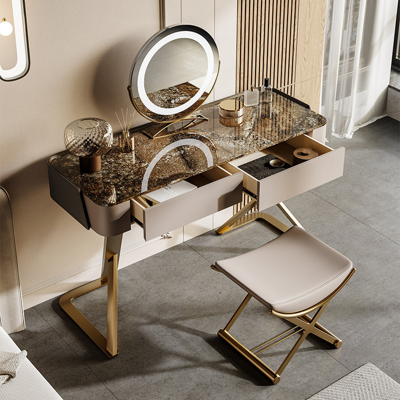 Slate Vanity Table 2-Drawer Stool Vanity Set with Lights Mirror