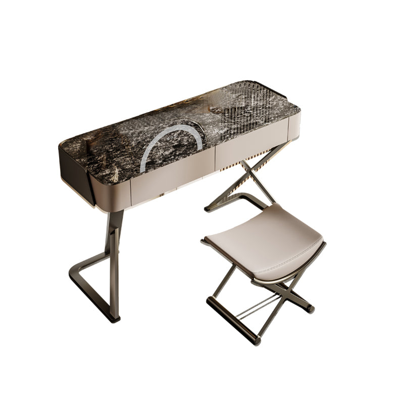 Slate Vanity Table 2-Drawer Stool Vanity Set with Lights Mirror
