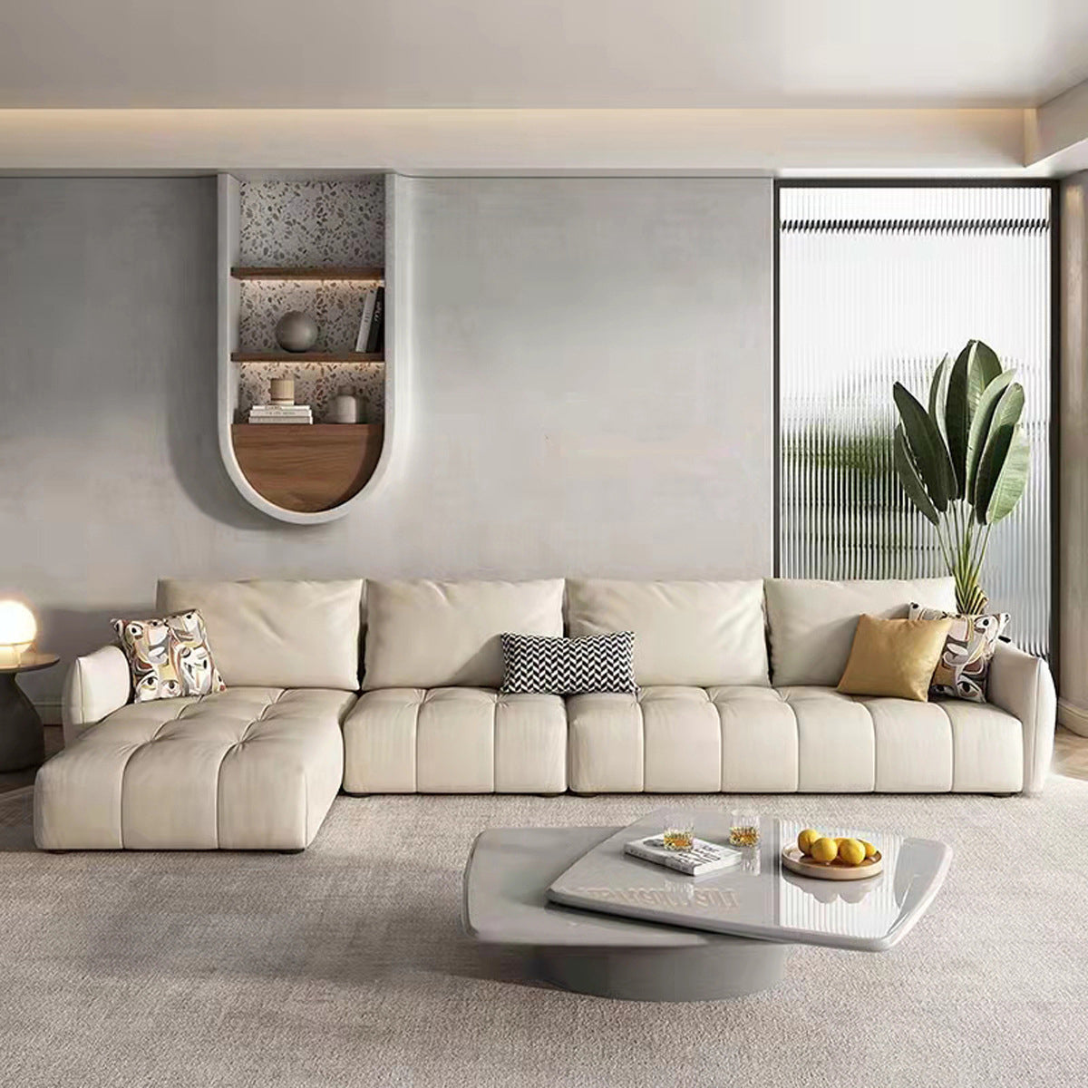 32"H Mid-Century Modern Sectional Sofa Leather Stain-Resistant Sleeper Sectional