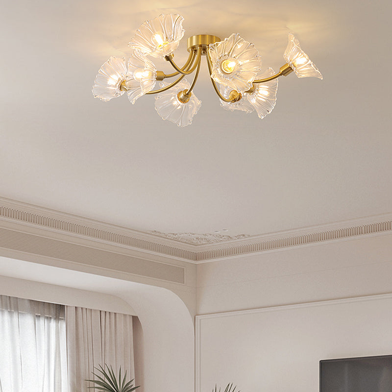 Flower Shape Glass Flush Mount Light Modern Multi Lights Ceiling Mount Light in Brass